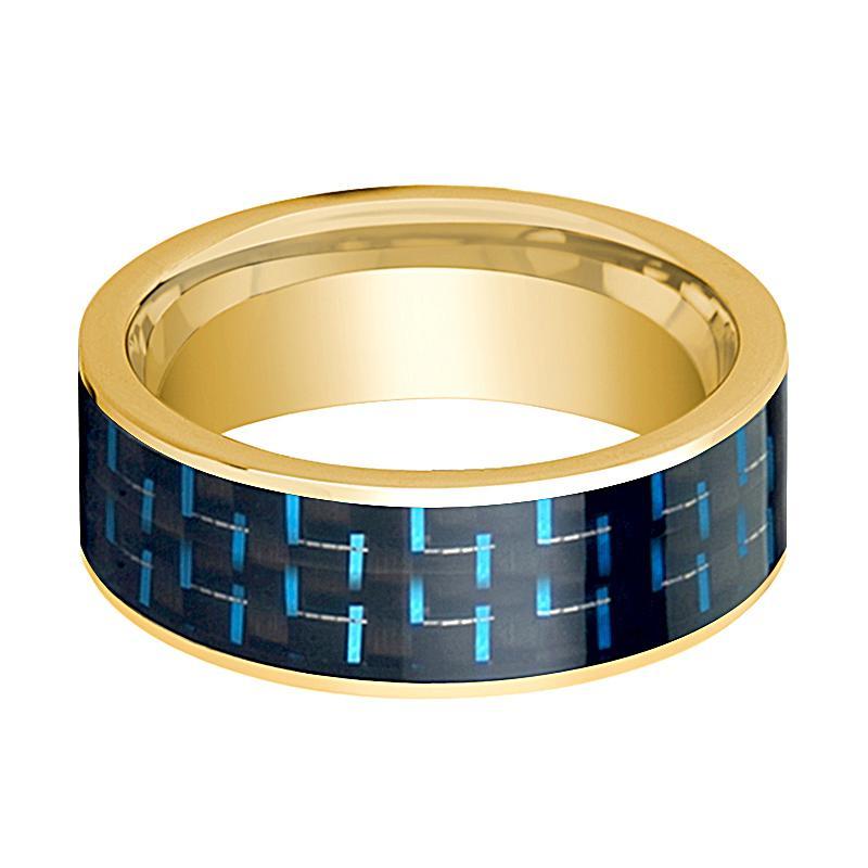 Mens Wedding Band 14K Yellow Gold with Black & Blue Carbon Fiber Inlay Flat Polished Design