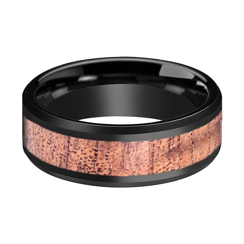 Tungsten Wooden Ring - Black High Polished Beveled Edge with Hawaiian Koa Wood Inlay 8mm Tungsten Carbide Wedding Ring