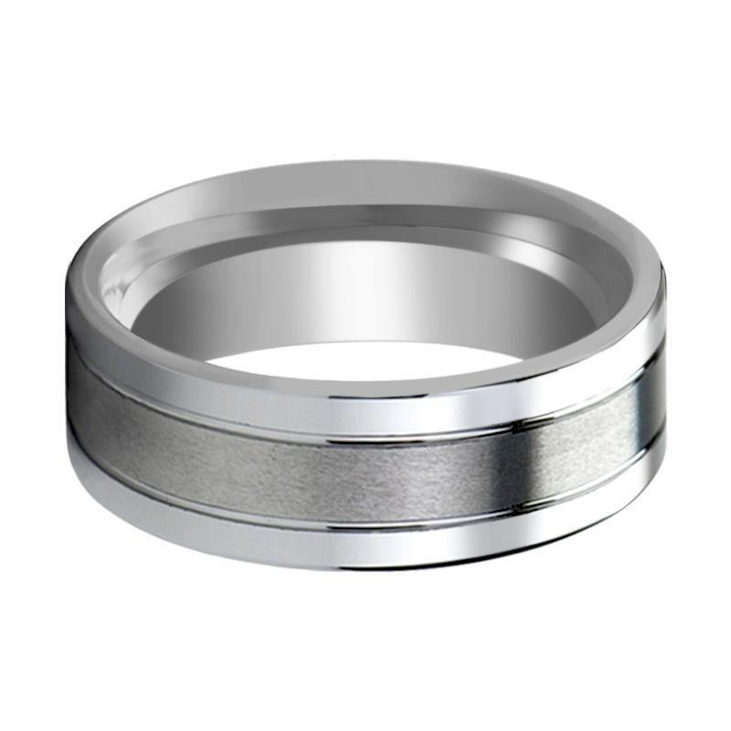 Tungsten Wedding Band Flat with Grooves Polished Edges and Brush Center Tungsten Carbide Ring 6mm, 8mm