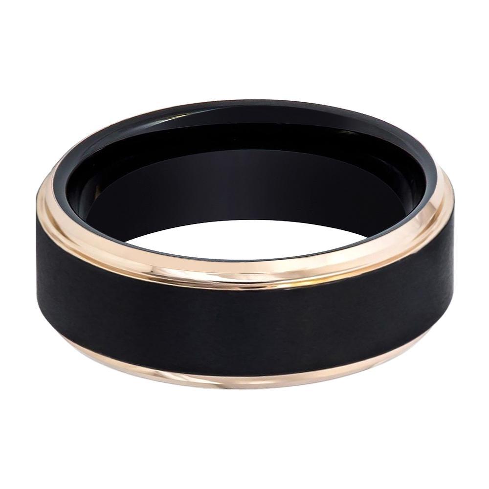 Black and Rose Gold Stepped Edge Tungsten Men's Wedding Band