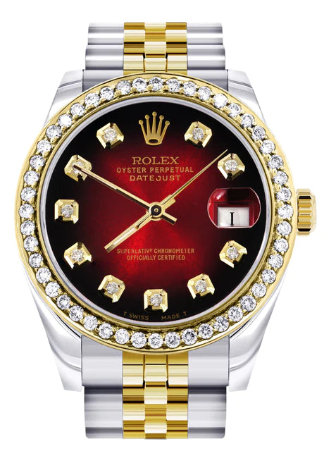 Womens Diamond Gold Rolex Watch | Diamond Bezel | 31MM | Red Diamond Dial | Jubilee Band