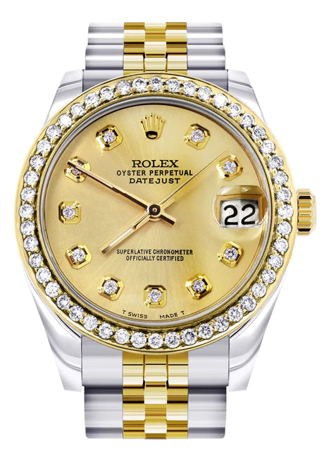 Diamond Gold Rolex Watch | Diamond Bezel | 31MM | Gold Diamond Dial | Jubilee Band