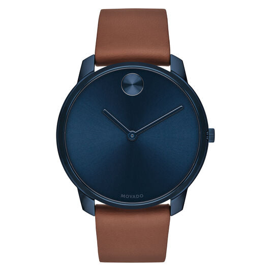 Movado Bold 42mm Mens Blue Ion-Plated Steel Case With Leather Strap 3600585