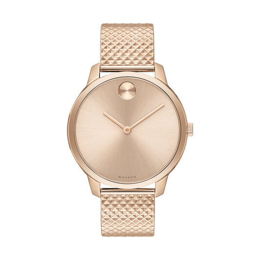 Movado Bold Women's 35mm Pale Rose Gold Pyramid Mesh Bracelet 3600596
