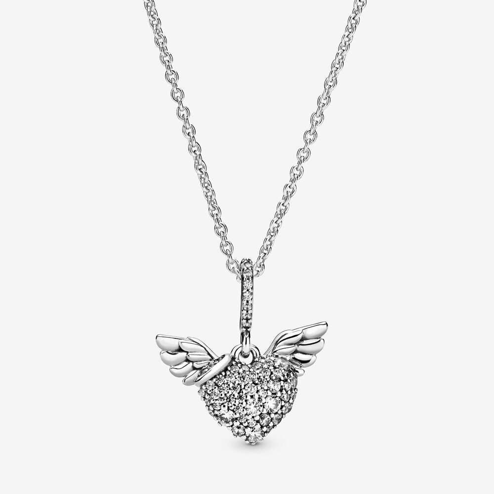 Pave Heart and Angel Wings Necklace Monica Jewelers