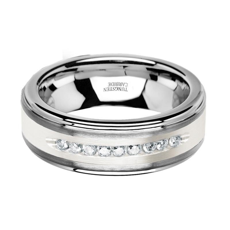 White Diamond Wedding Band - Tungsten Ring - Silver Tungsten - Silver Inlay Center - 9 Channel Set White Diamonds - Tungsten Wedding Band - AydinsJewelry