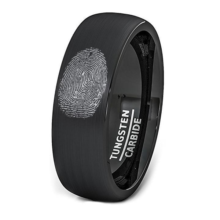 Finger Print Engraved Black Tungsten Ring Brushed Dome Comfort Fit - AydinsJewelry