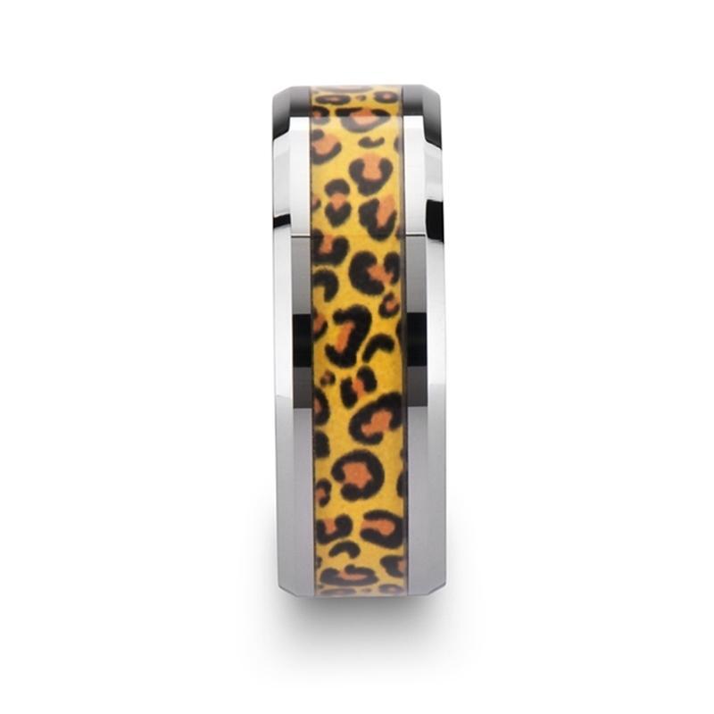 Tungsten Cheetah Print Animal Design Inlay - Tungsten Wedding Band - Beveled - Polished Finish - 6mm - 8mm - Tungsten Wedding Ring - AydinsJewelry