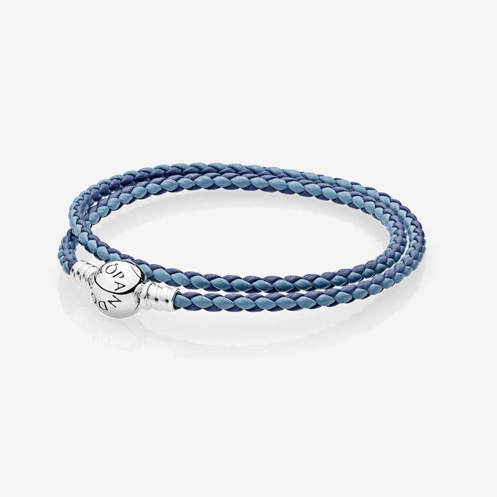 Mixed Blue Woven Double-Leather Charm Bracelet