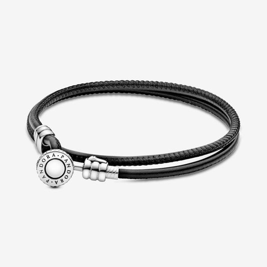 Black Double Leather Bracelet, Clear CZ