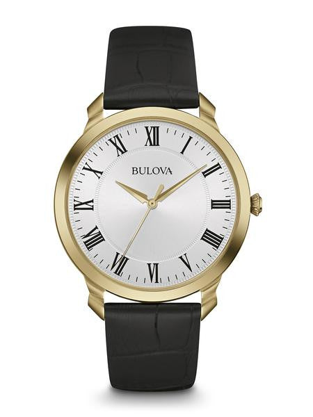 Bulova Mens Gold Tone White dial with black Roman Numerals 97a123