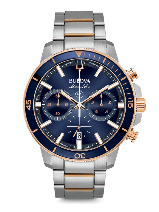 Bulova Mens Blue Dial Marine Star with rose tone accent 98B301