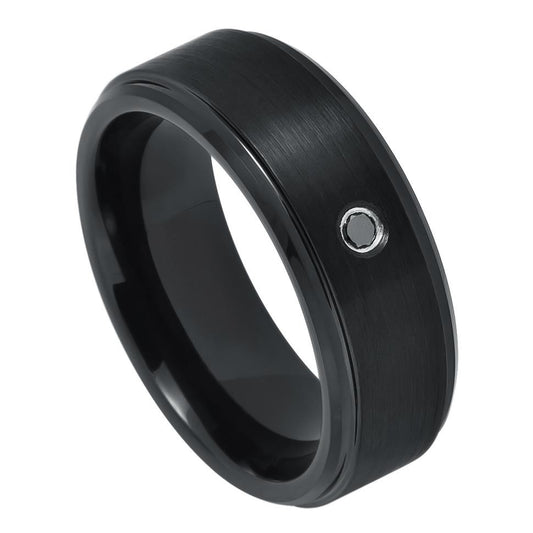 8mm Black Tungsten Carbide Wedding band groved edge with black crystal