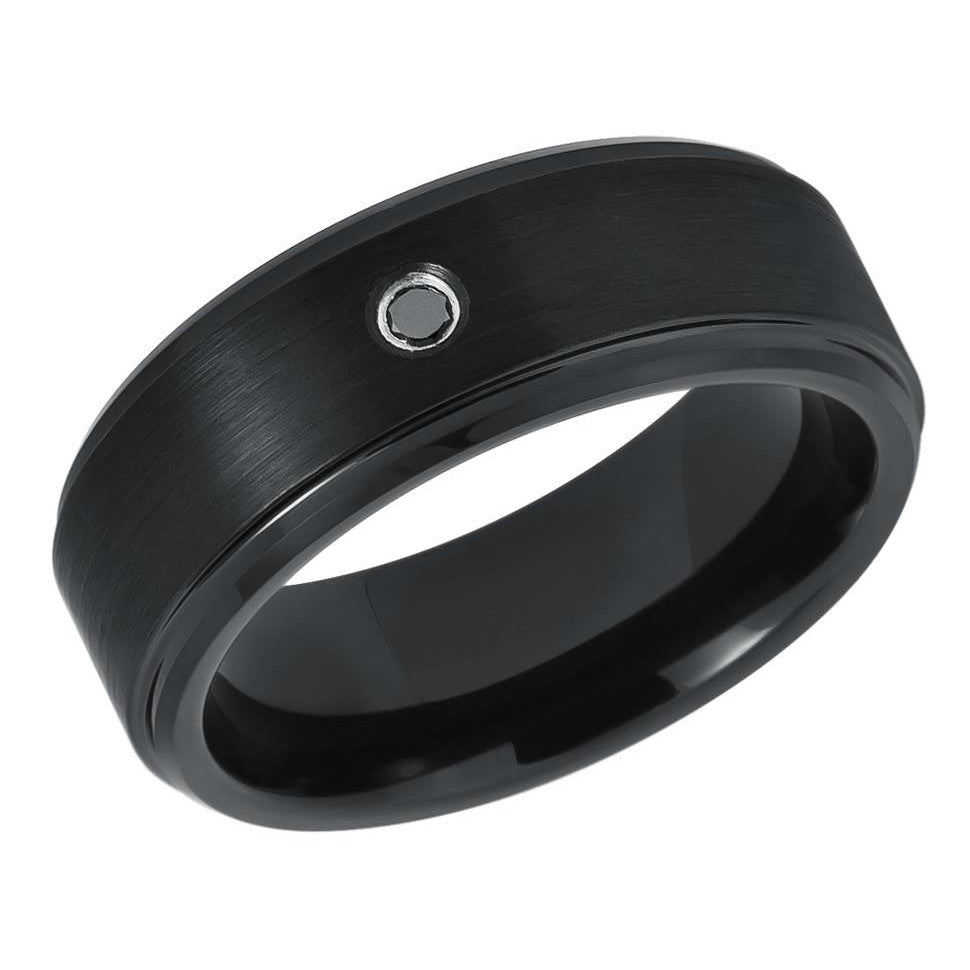 8mm Black Tungsten Carbide Wedding band groved edge with black crystal