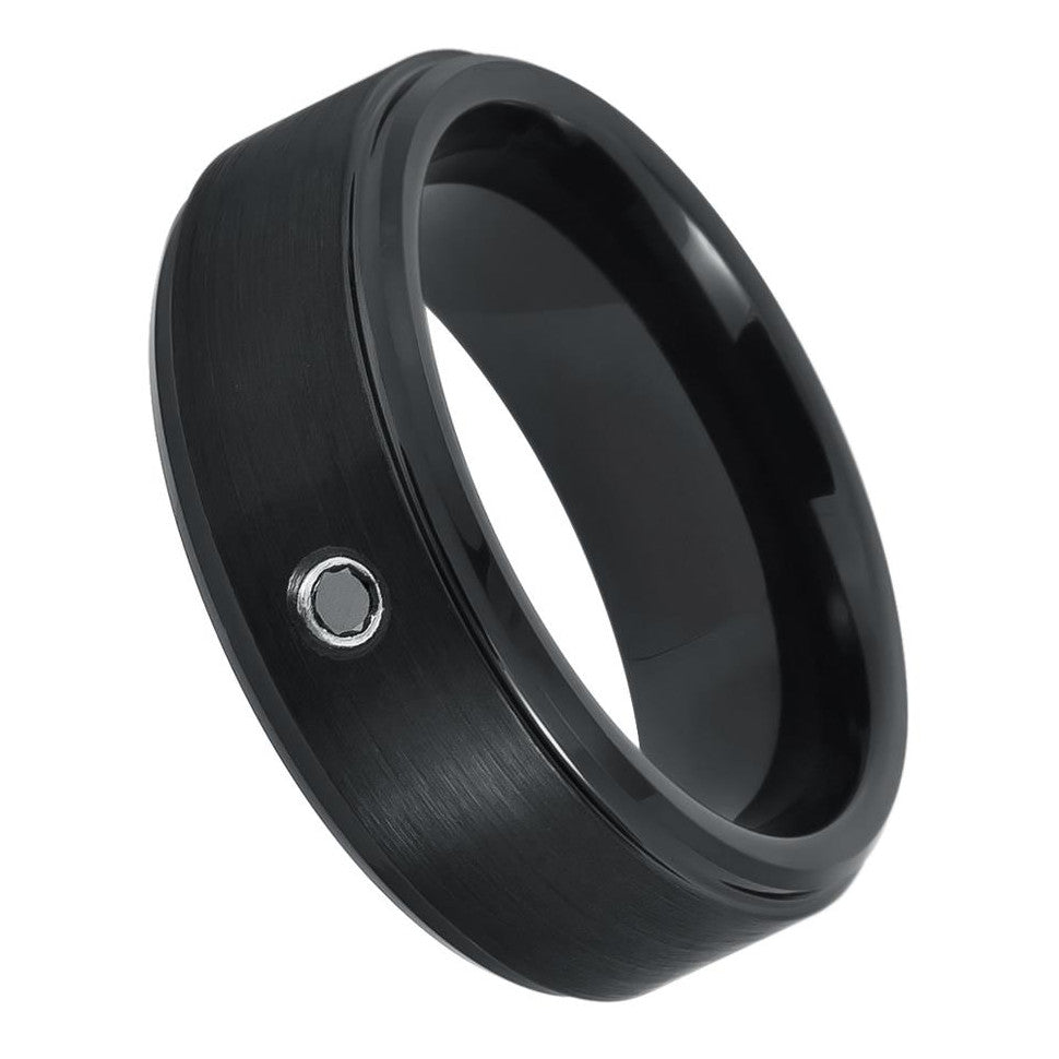 8mm Black Tungsten Carbide Wedding band groved edge with black crystal