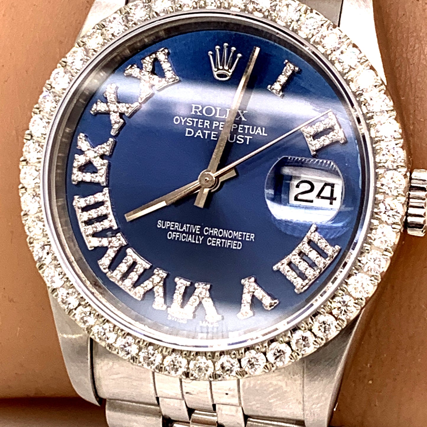 Rolex 16014 Stainless Steel 36mm Blue Roman numeral Diamond dial with diamond bezel