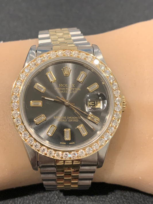 16013 14k/Stainless steel Jubilee with Gray baguette dial 3ctw Diamond Bezel