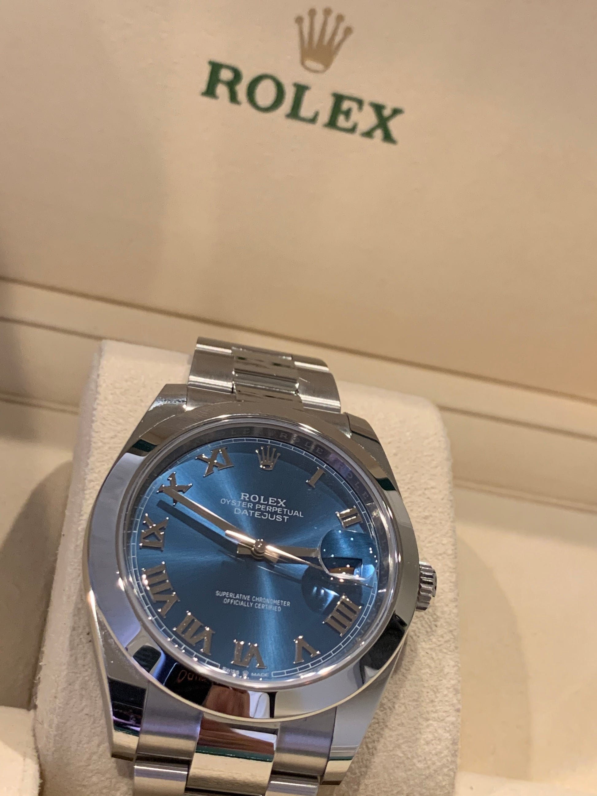Rolex Datejust 41mm SS Azzurro Blue Roman Dial 116300 – Monica