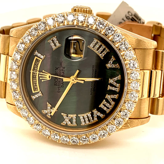 Rolex President Day Date 18038 18k Yellow Gold Black Mother of pearl Diamond Bezel