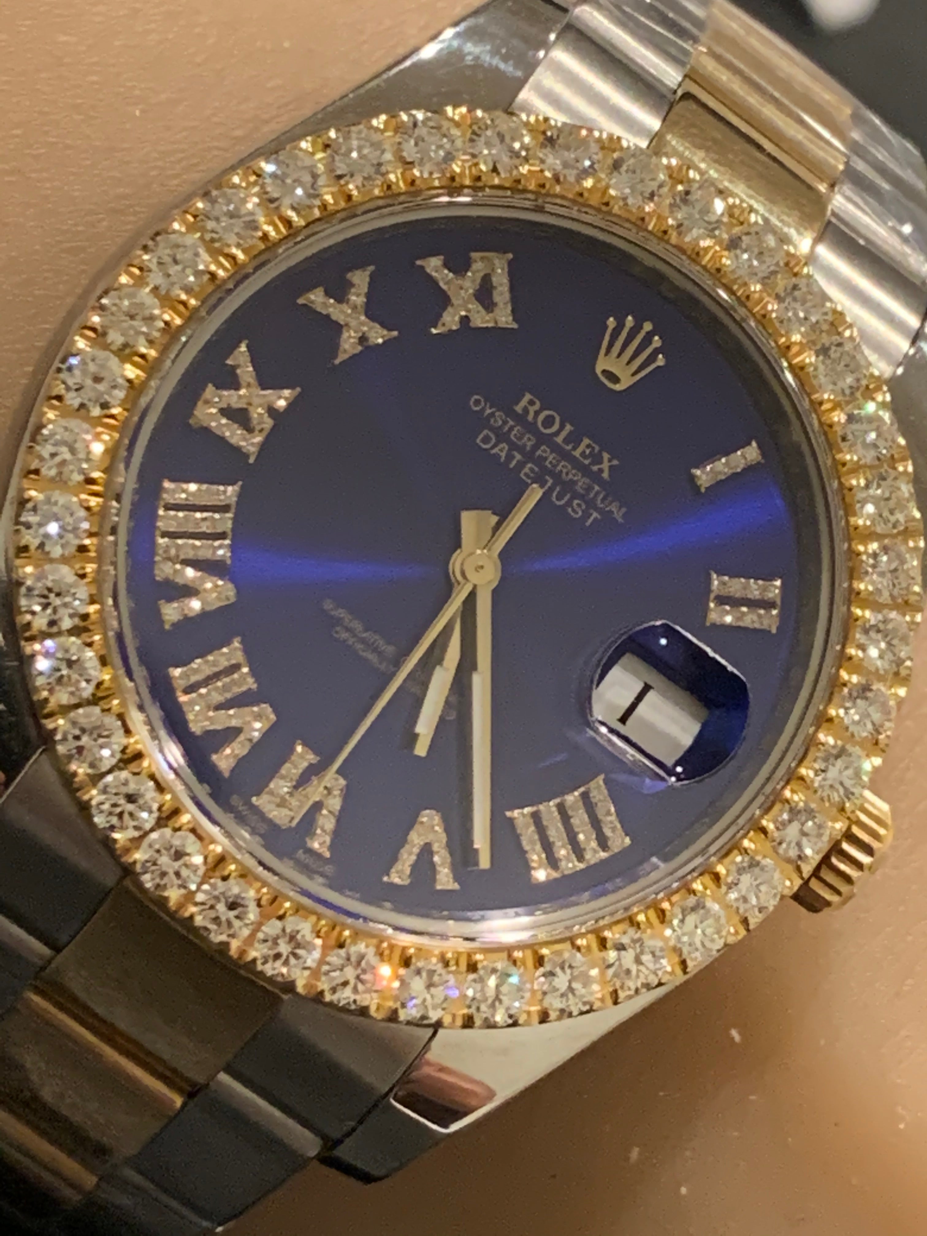 Rolex men's datejust two tone sales fluted custom blue diamond dial