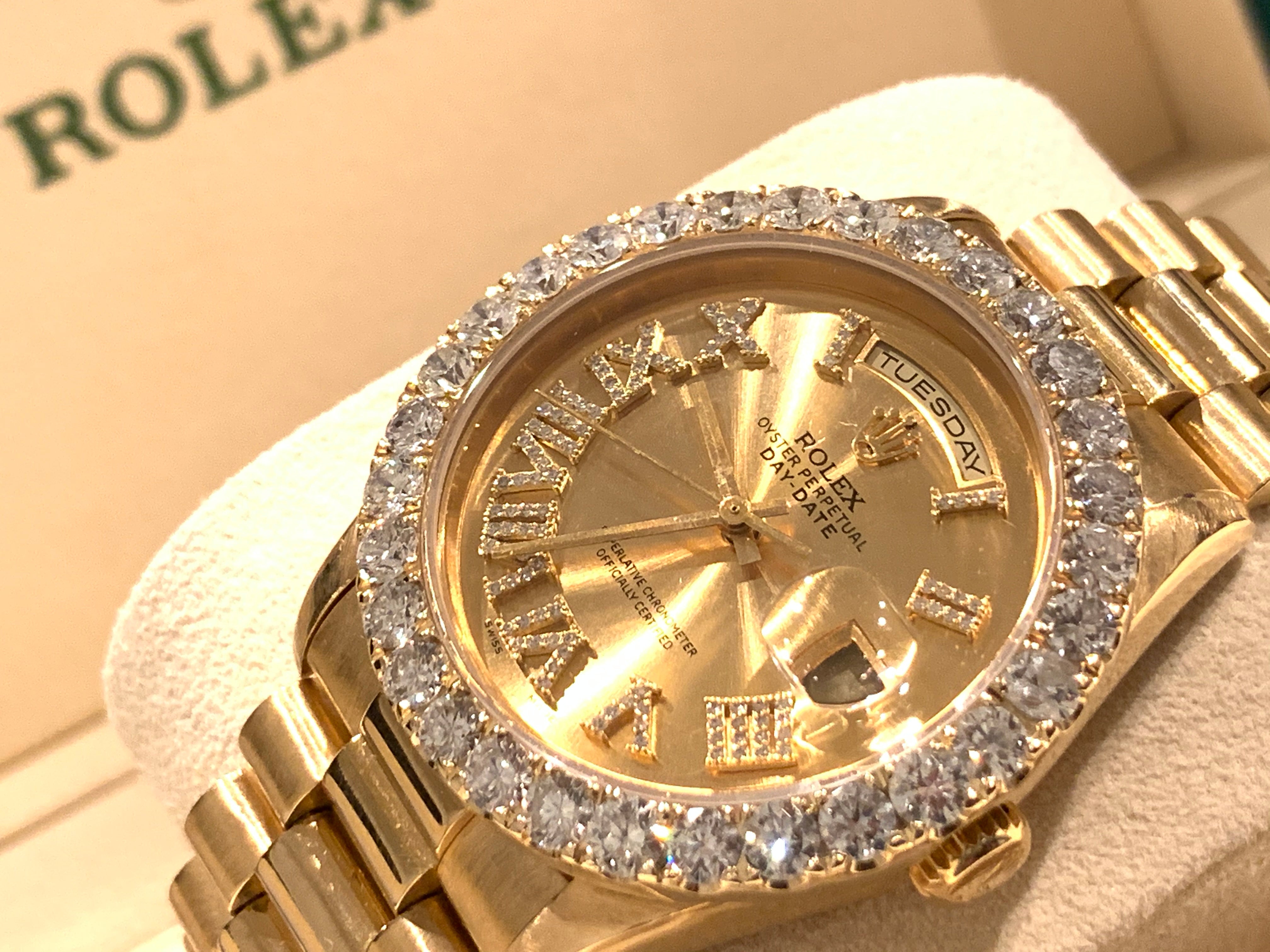 Rolex President Day Date 18238 18k Yellow Gold Champagne Roman Numeral Diamond Bezel DQ