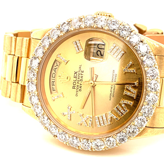 Rolex President Day Date 18238 18k Yellow Gold Champagne Roman Numeral Diamond Bezel DQ