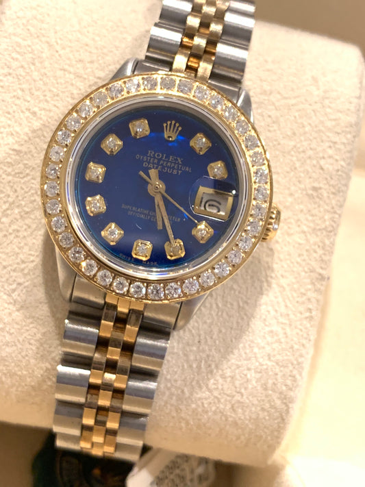Rolex Ladies Datejust 6916 Diamond Bezel Blue Mother of Pearl Diamond dial