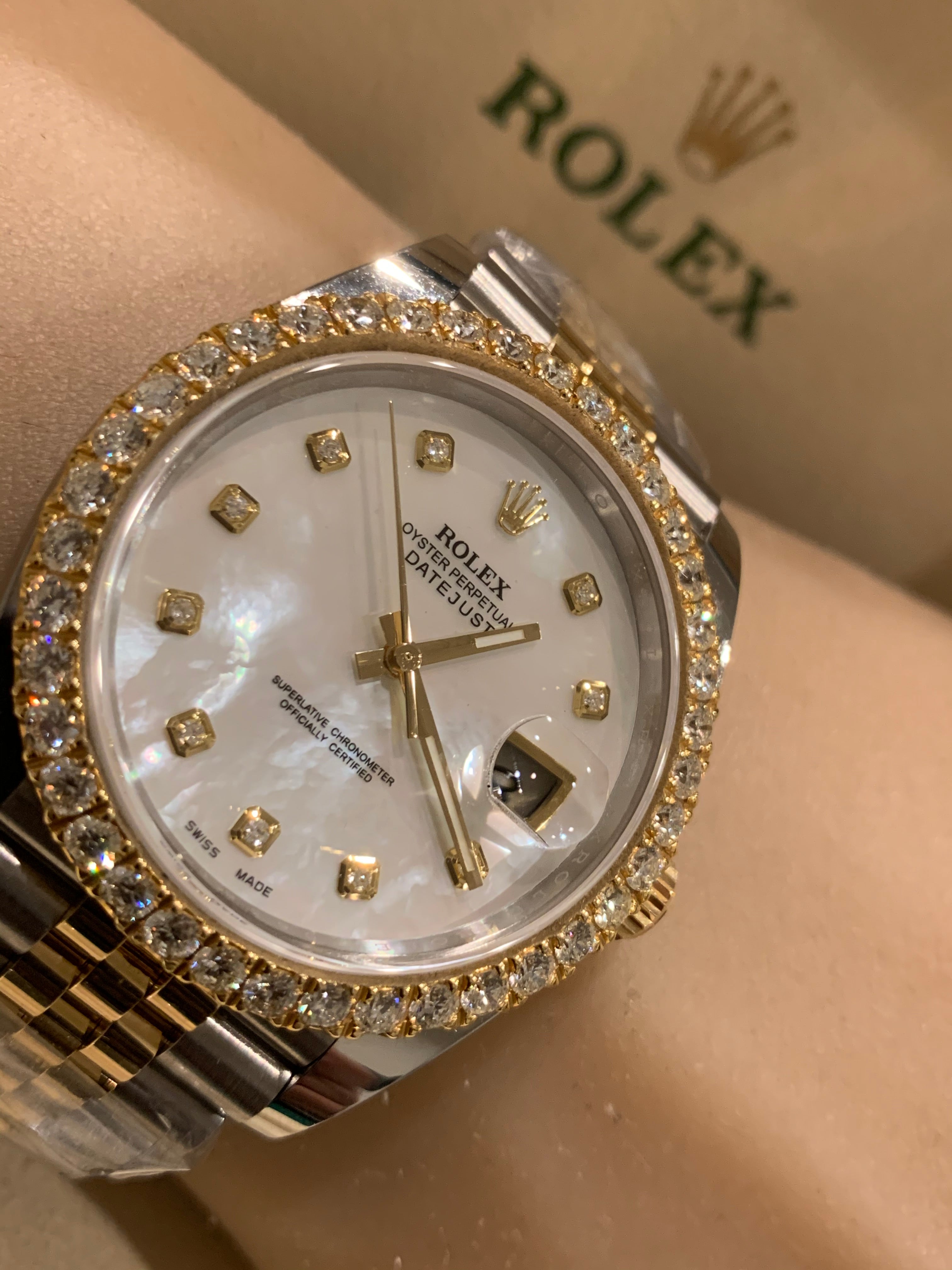 Rolex Datejust 18k SS 41mm White mother of Pearl Diamond Dial