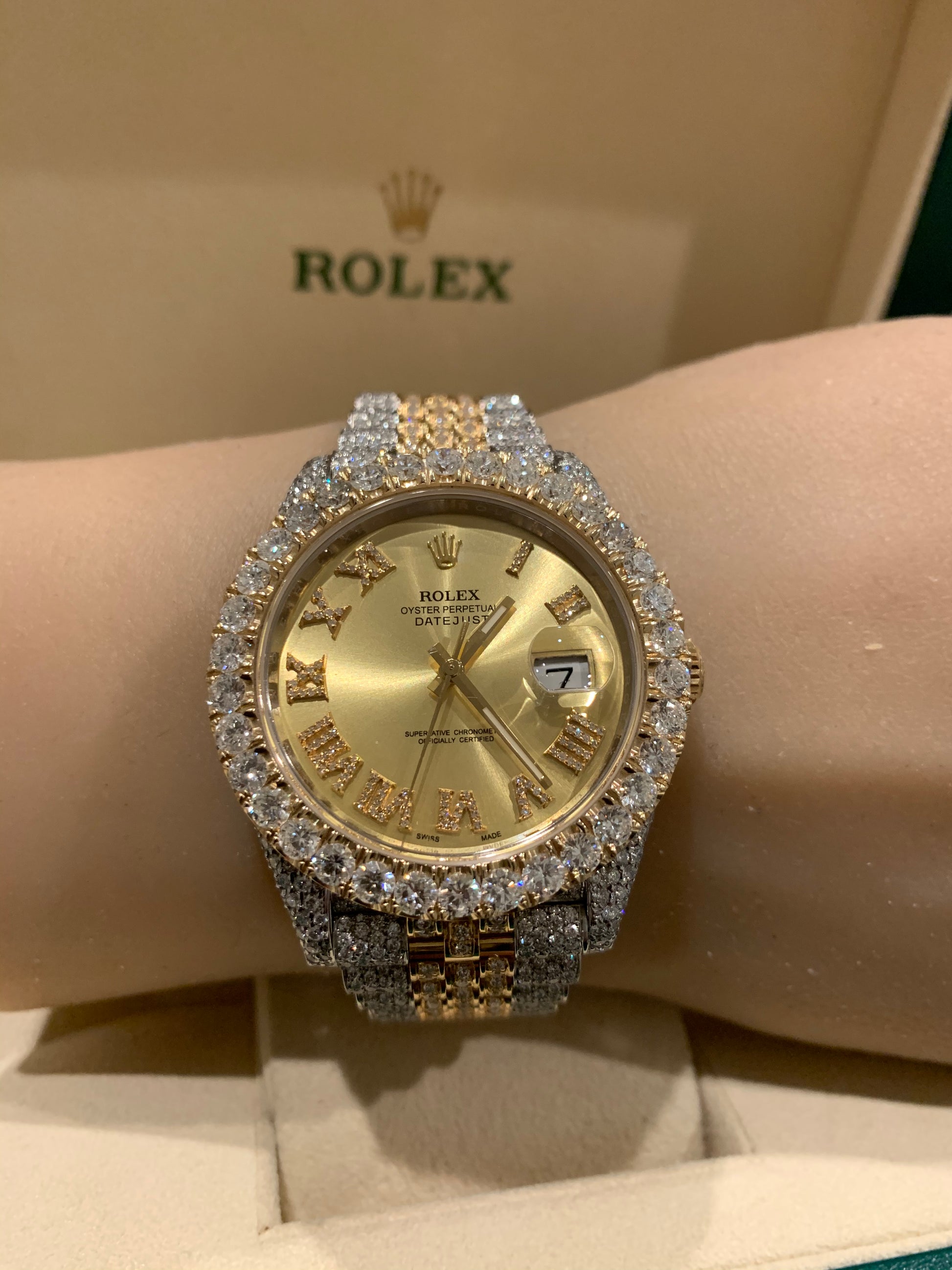 Iced out 18ctw Rolex Datejust 18k/SS 41mm Champagne Roman Numeral