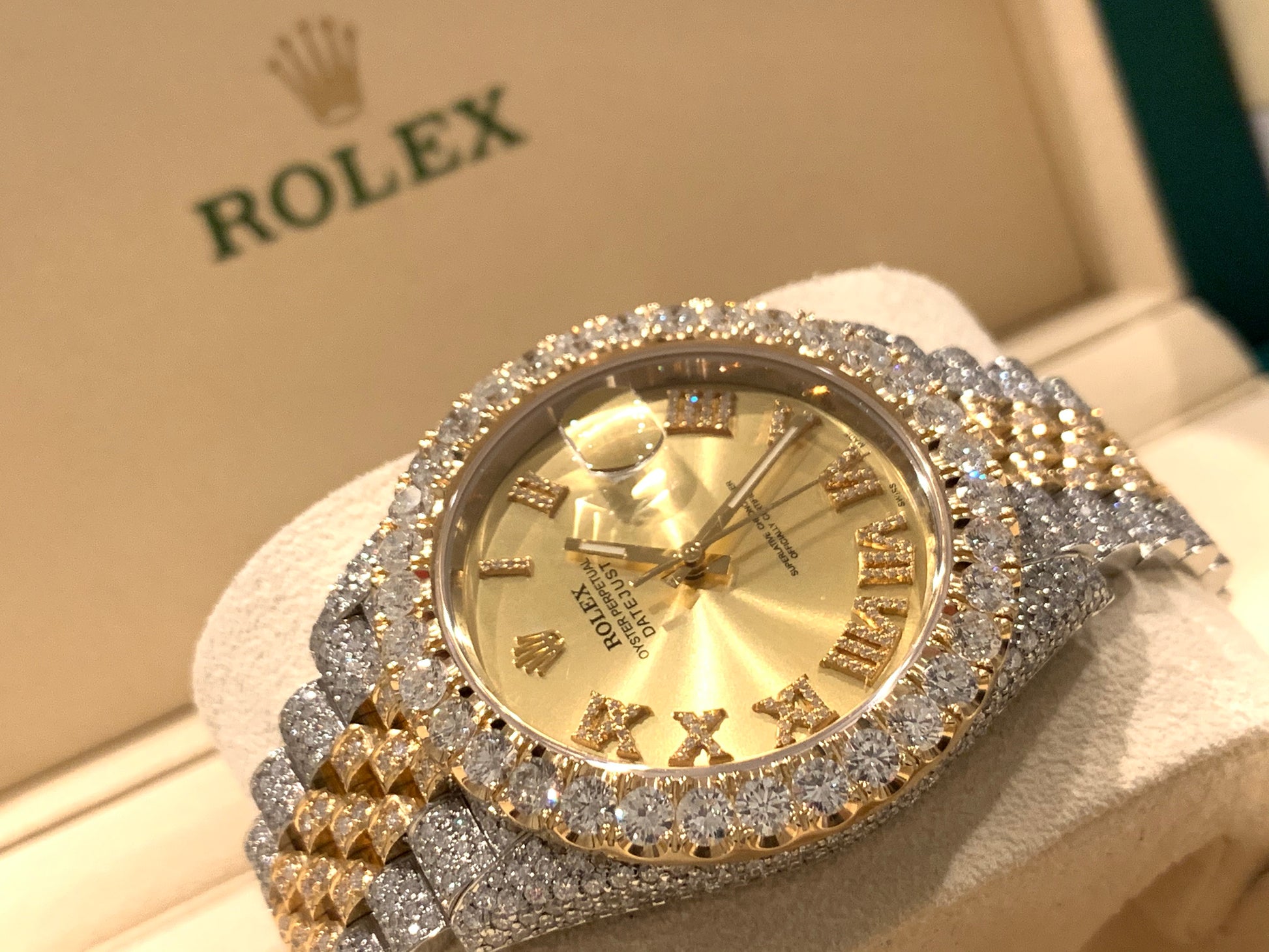 Iced out 18ctw Rolex Datejust 18k/SS 41mm Champagne Roman Numeral