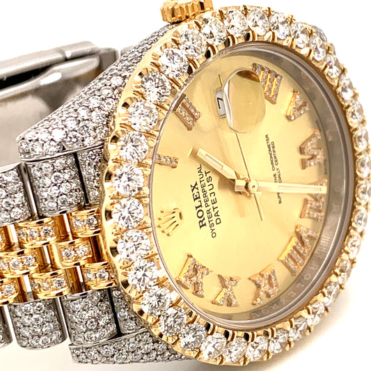 Iced out 18ctw Rolex Datejust 18k/SS 41mm Champagne Roman Numeral Diamond Dial Jubilee Bracelet Men's Watch 126333