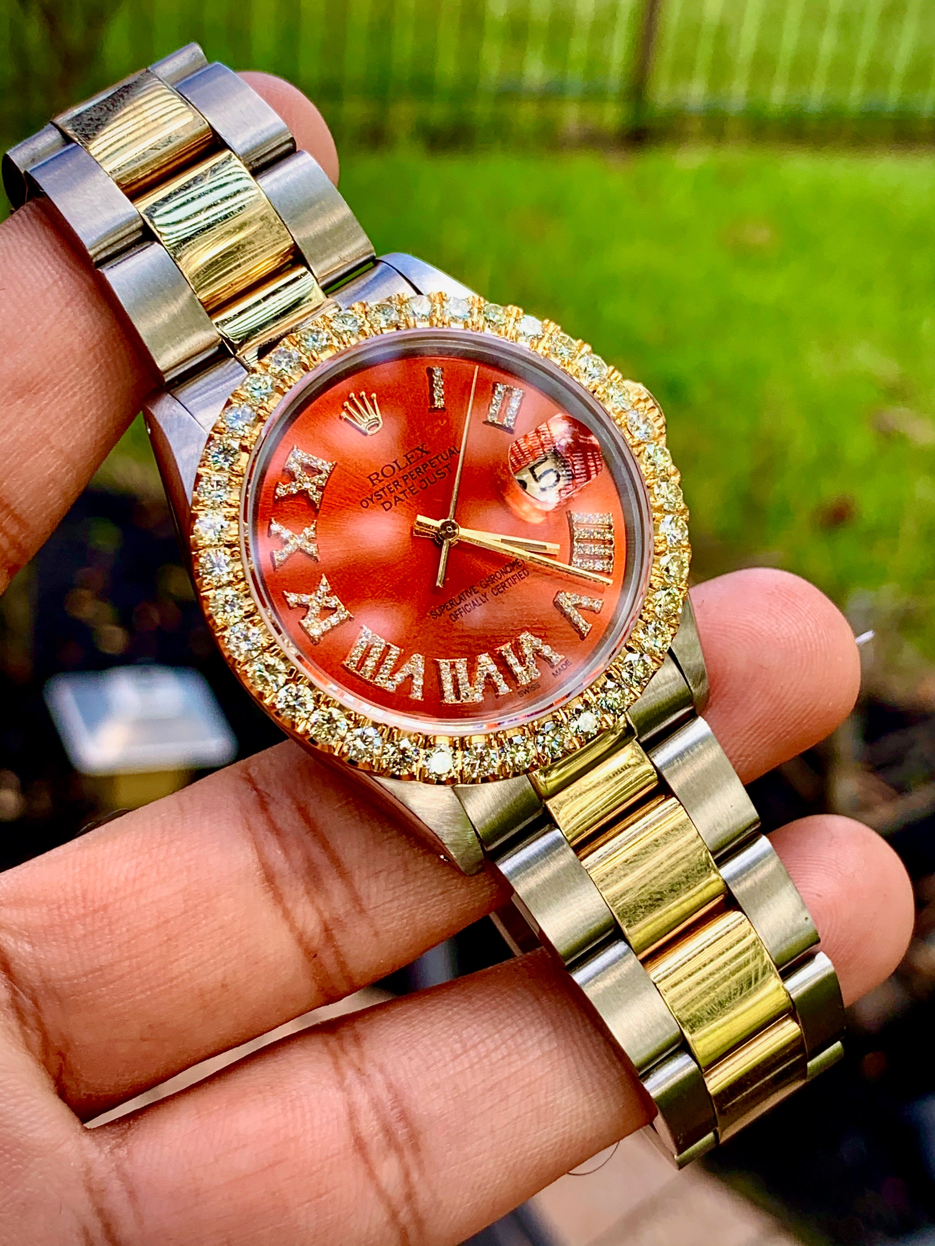 16013 14k Stainless steel Orange Roman Numeral Diamond Dial 3.25ctw