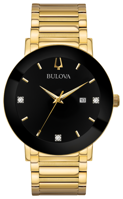 Bulova Men's Gold Tone Stainless Steel With Three Diamonds on Black Dial 97D116