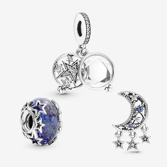 Galaxy Moon and Stars Charm Trio