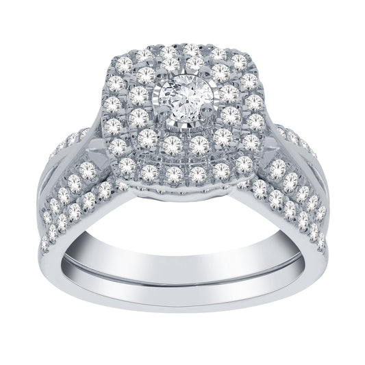 10K White Gold 1 Carat Halo Diamond Bridal Engagement Ring set