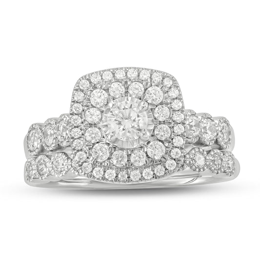 10K White Gold 1 Carat Cushion Shaped Halo Diamond Bridal Engagement Ring set