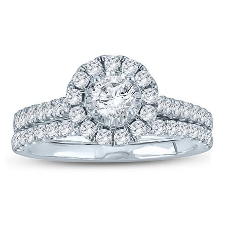 10K White Gold 1 Carat Round Shaped Halo Diamond Bridal Engagement Ring set