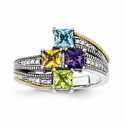 Sterling Silver & 14k Four-Stone And Diamond Mother's Ring - AydinsJewelry