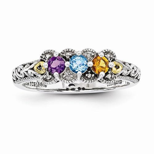 Sterling Silver & 14k Three-Stone And Diamond Mother's Ring - AydinsJewelry