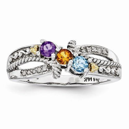 Sterling Silver & 14k Three-Stone And Diamond Mother's Ring - AydinsJewelry