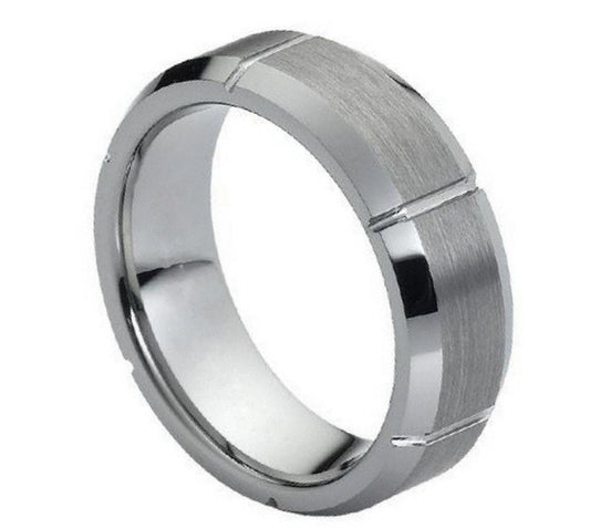 Tungsten wedding band 7mm beveled edge with vertical groves