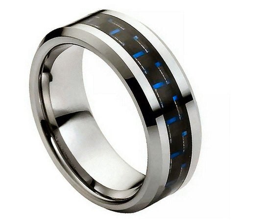 Tungsten Carbide Wedding band with blue Carbon Fiber Inlay