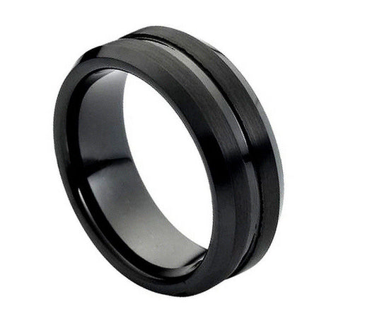 Tungsten Carbide Black Wedding Band 8mm Bevel edge and grooved