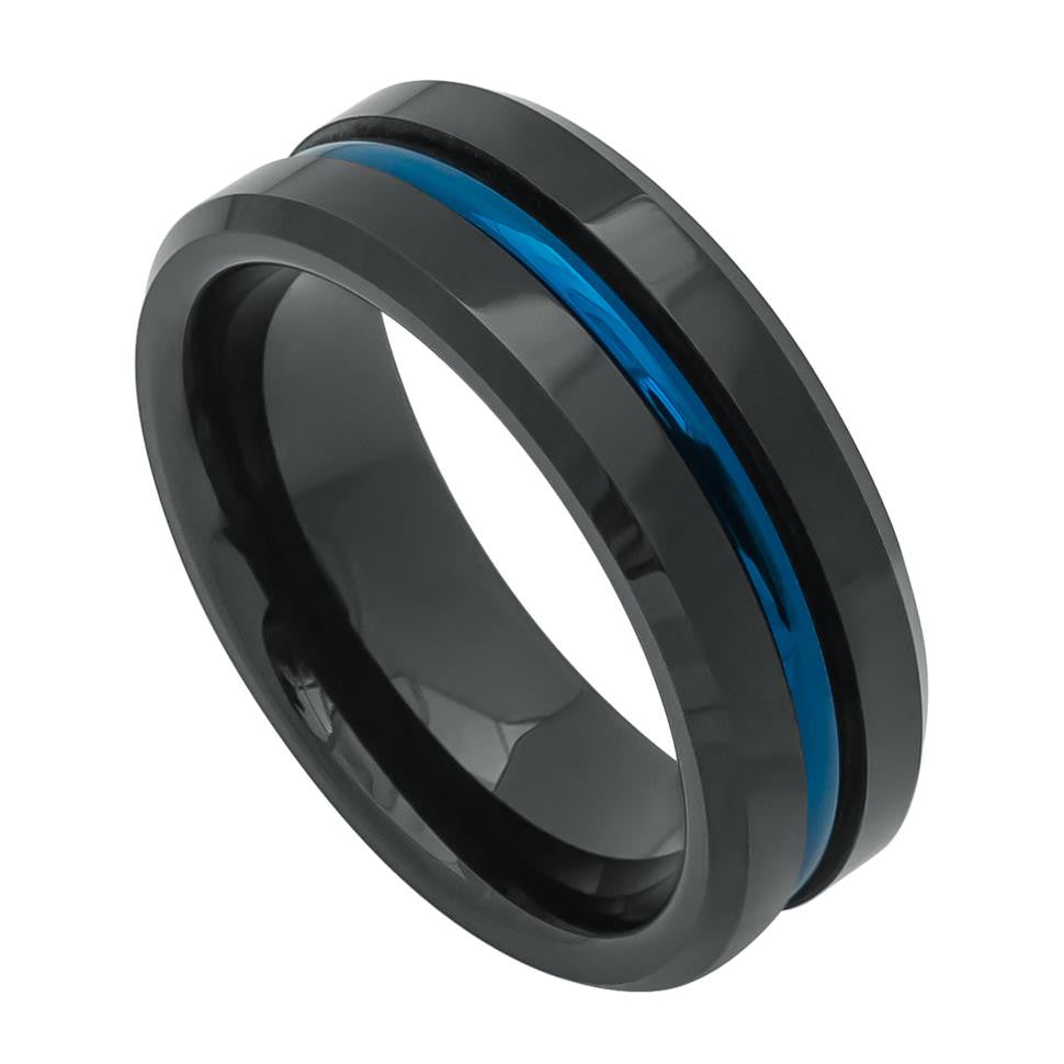 Tungsten Carbide Thin Blue Line Wedding Band Black and Blue 8mm