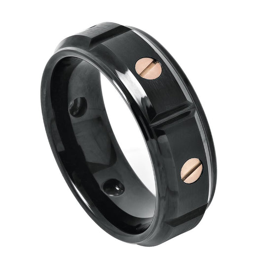Tungsten Carbide Black Wedding bang with rose gold plated screw pattern 8mm