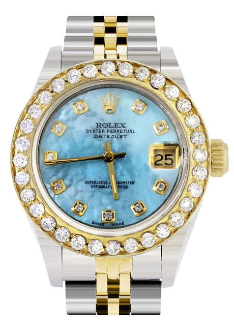 Womens Diamond Gold Rolex Watch | 1 Carat Bezel | 26Mm | Blue Pearl Dial | Jubilee Band