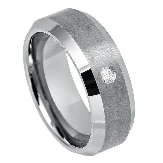 Tungsten Brushed Bevel Edge band with white crystal stone 8mm