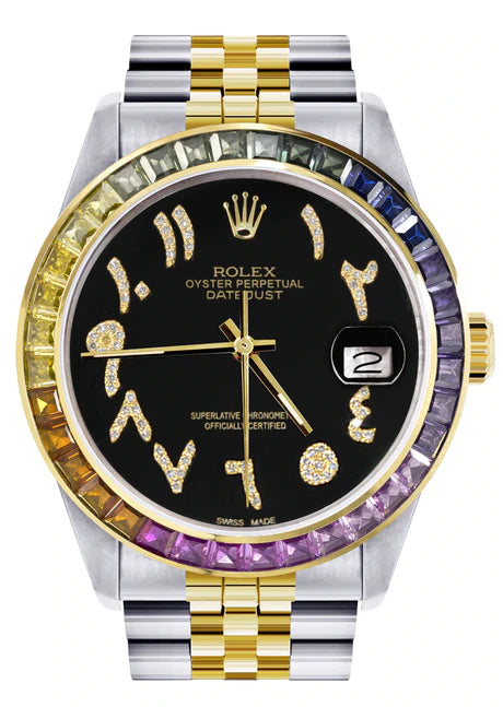 Diamond Gold Rolex Watch For Men 16233 | 36Mm | Rainbow Sapphire Bezel | Diamond Black Arabic Numeral Dial | Jubilee Band