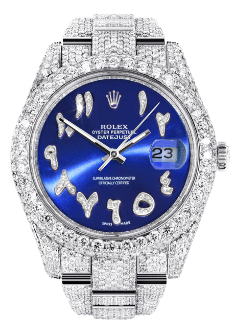 Diamond Iced Out Rolex Datejust 41 | 25 Carats Of Diamonds | Custom Blue Arabic Numeral Diamond Dial | Two Row | Oyster Band