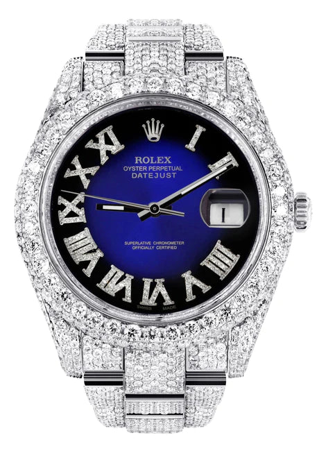 Diamond Iced Out Rolex Datejust 41 | 25 Carats Of Diamonds | Custom Blue Black Roman Numeral Diamond Dial | Two Row | Oyster Band